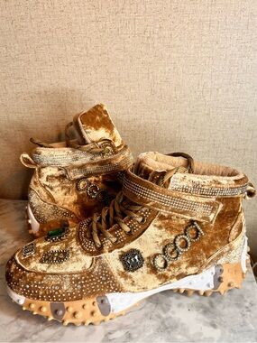 Taxi Gold Velvet Jeweled High-Top Sneakers